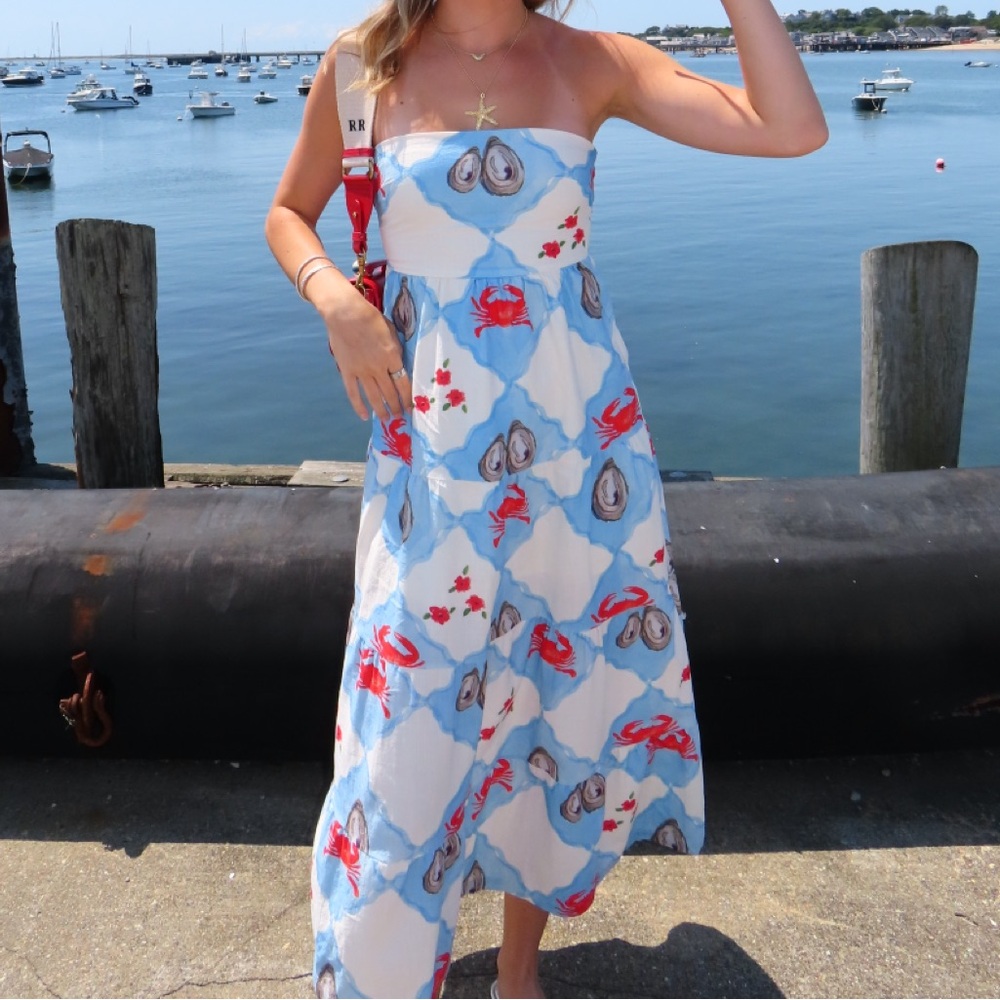 Strapless Blue and White Coastal Dress